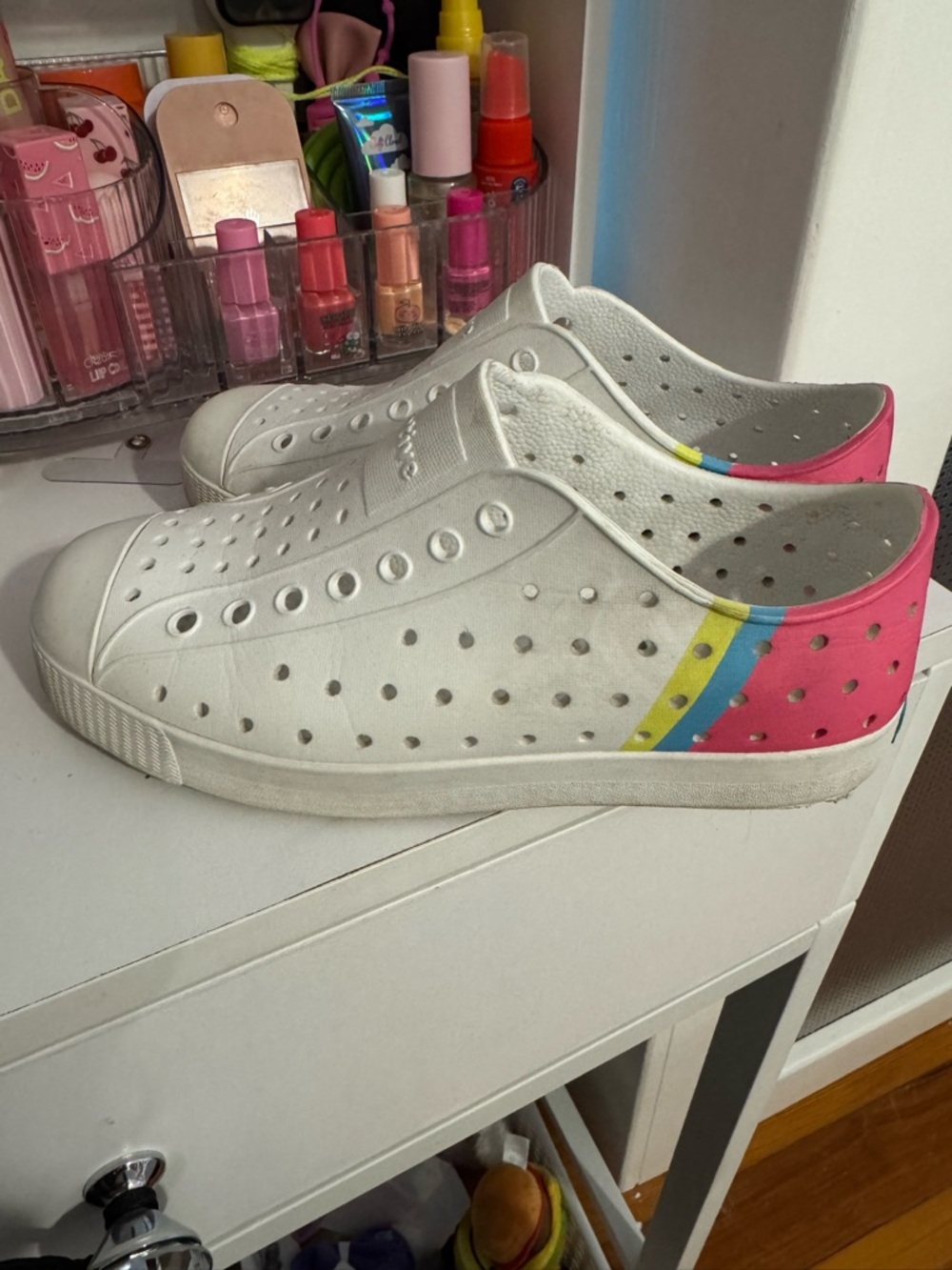 Native Kids White Slip-On Water Shoes with Pink, Blue & Yellow Accents